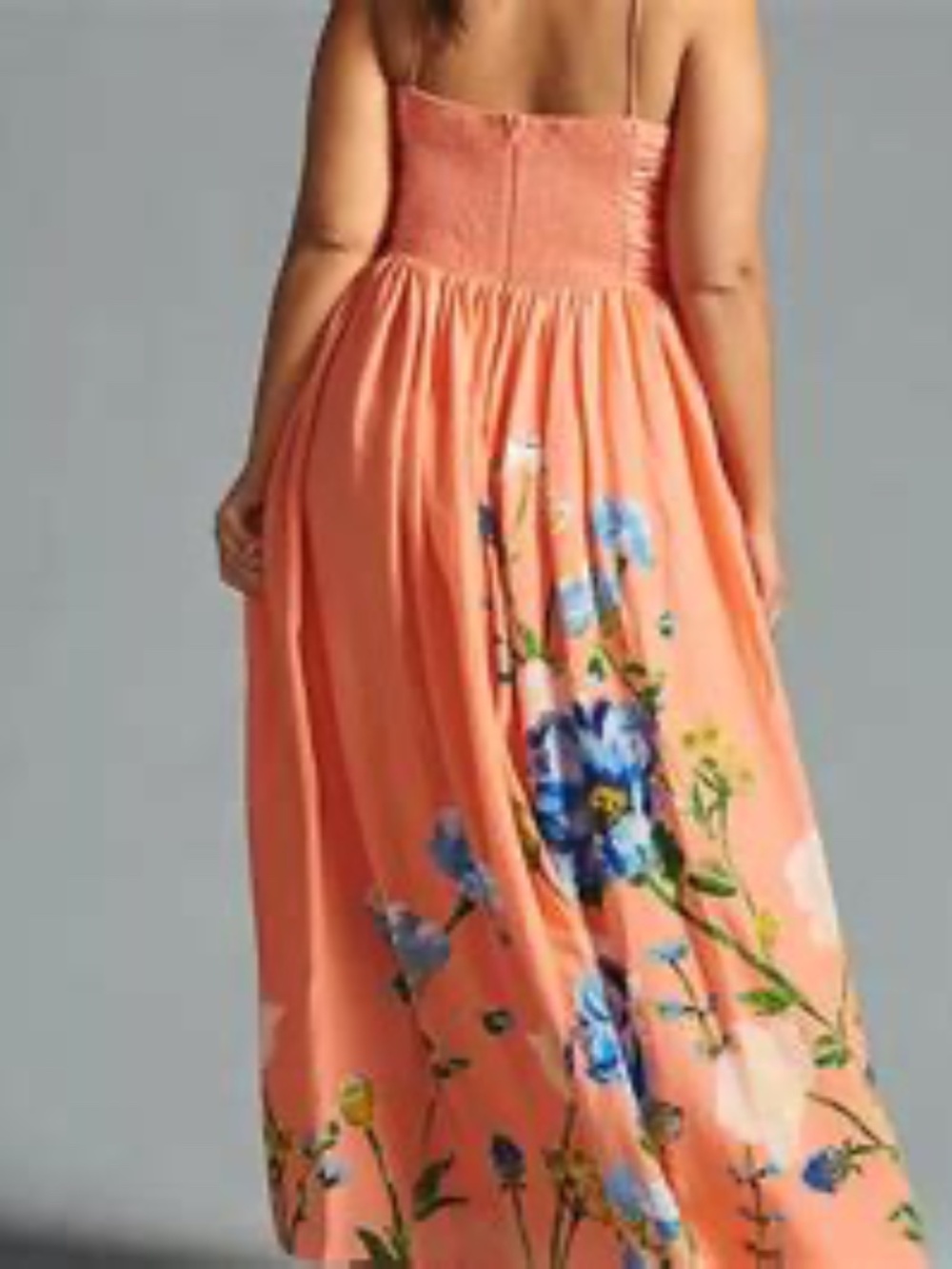 Anthropologie The Lorelei Ruched-Bodice Midi Dress 1X Coral w Blue Floral - Picture 2 of 4